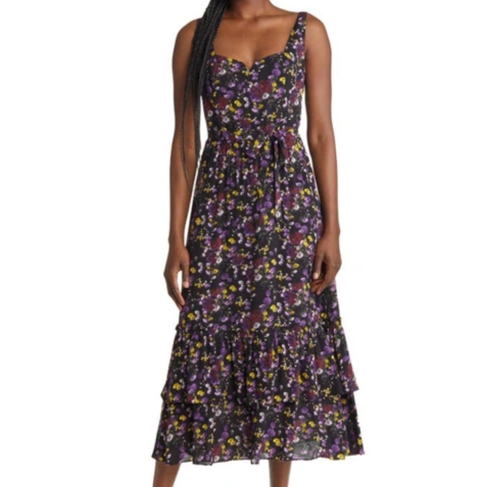 PAIGE Women Medium Michelada Black Multi-Color Floral Ruffled Midi Lined Dress